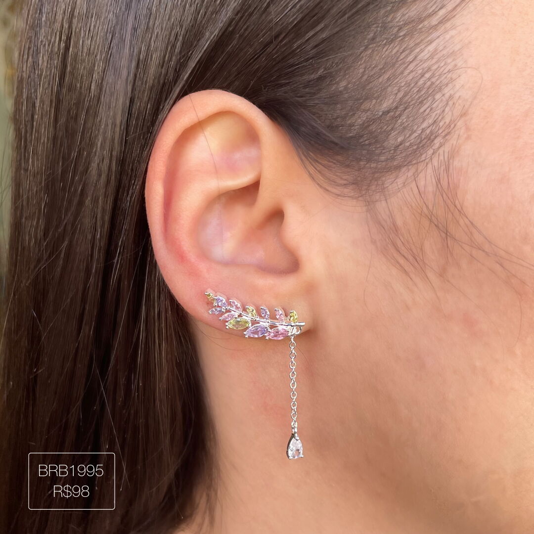 Brinco Ear Cuff Mini Candy Colors c/ Gota Pendurada Cristal Prateado